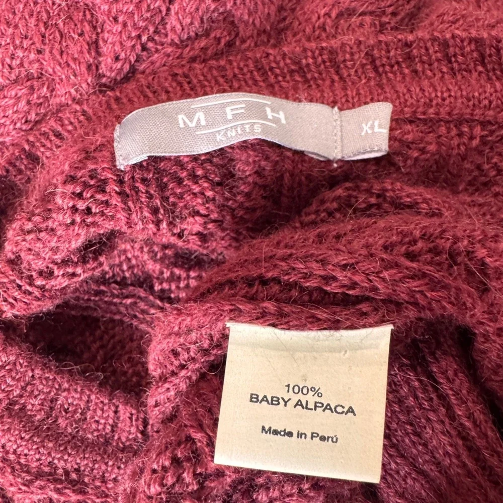 MFH Knits Mens XL 100% Baby Alpaca Cable Knit Sweater Burgundy Made in Peru